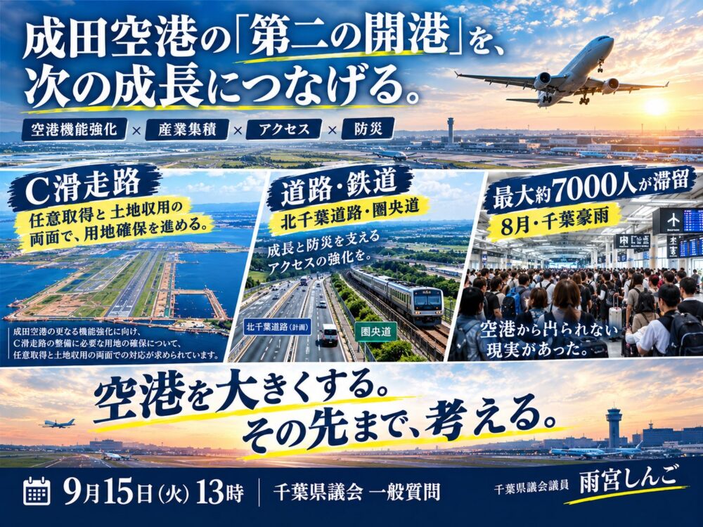 成田空港の「第二の開港」を、次の成長につなげる  雨宮しんご一般質問１５日１３時～