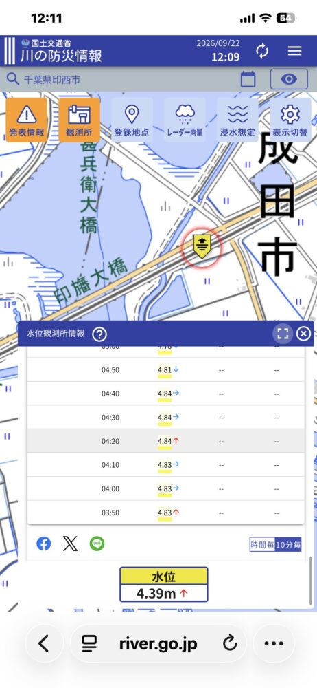 印旛沼の甚兵衛大橋付近は以前として水位が下がるどころか上がるか横ばいの状況です。 2